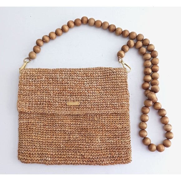 FILO Handbags - FILO Woven Straw Crossbody Flap Front Round Natural Wood Bead Strap